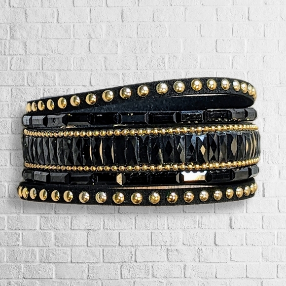 A3 Black Gold Rhinestone Crystal Wrap Cuff Bracelet Sz M-L Adjustable NEW A3 - Picture 5 of 11